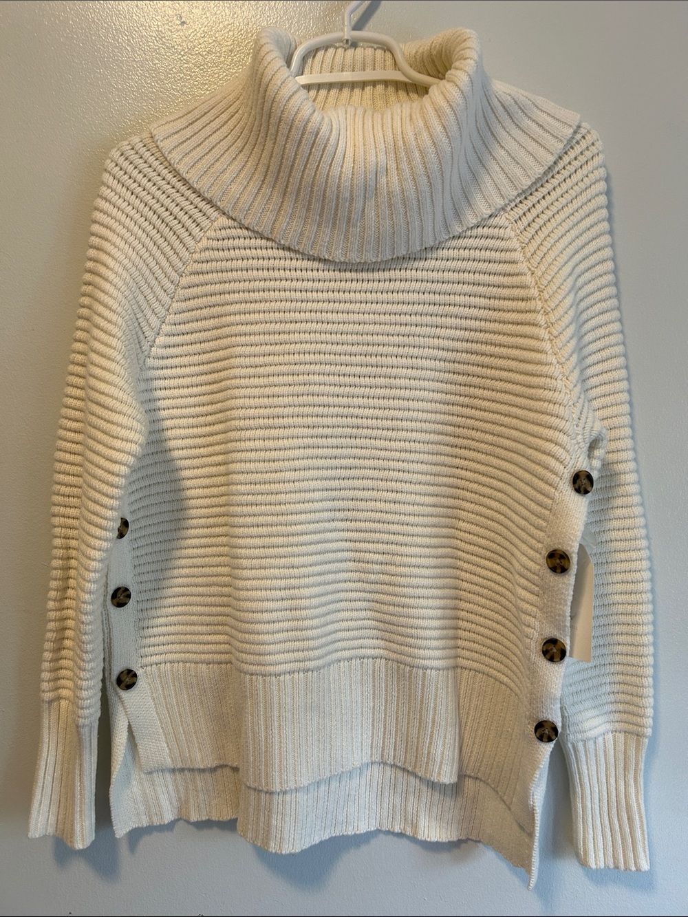 Rachel Ashwell Cream Cowl Turtleneck Button-Side Ribbed Sweater